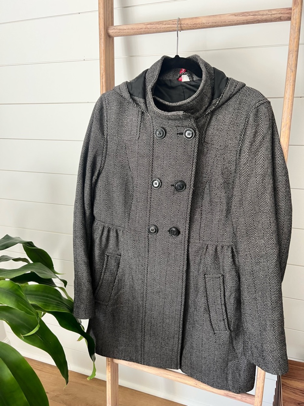 Womens Gray Herringbone Double-Breasted Coat with Hood